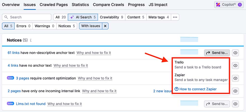 Exporting site audit tasks in Semrush