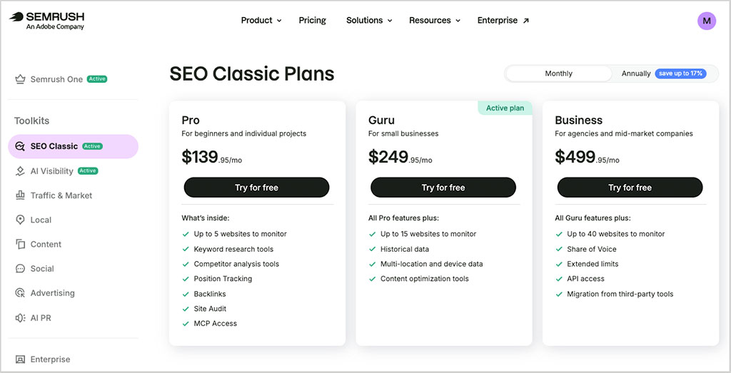 Semrush pricing for its SEO Classic plans