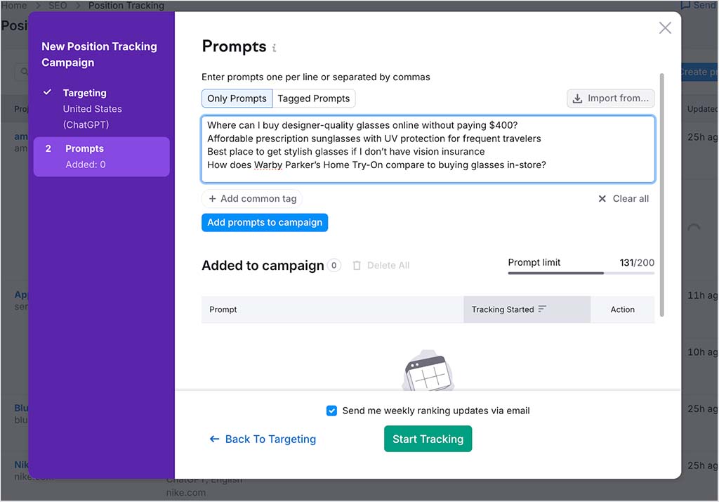 Setting up AI prompt tracking in Semrush