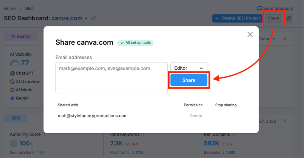 Sharing a Semrush project