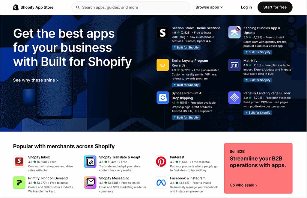 The Shopify App store's home page (May 2025)