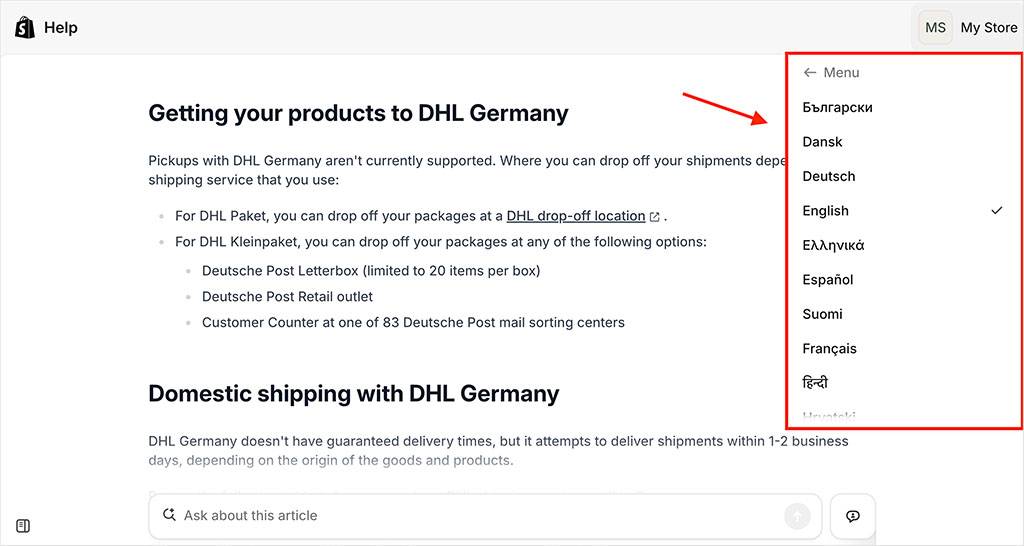 Choosing languages in the Shopify help center