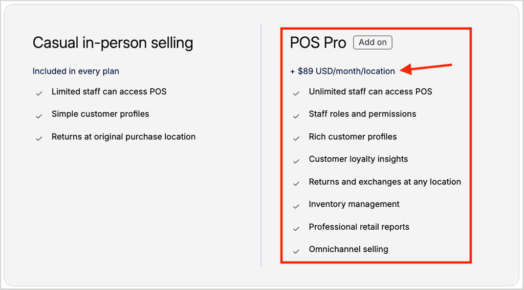 Pricing for Shopify 'POS Pro'
