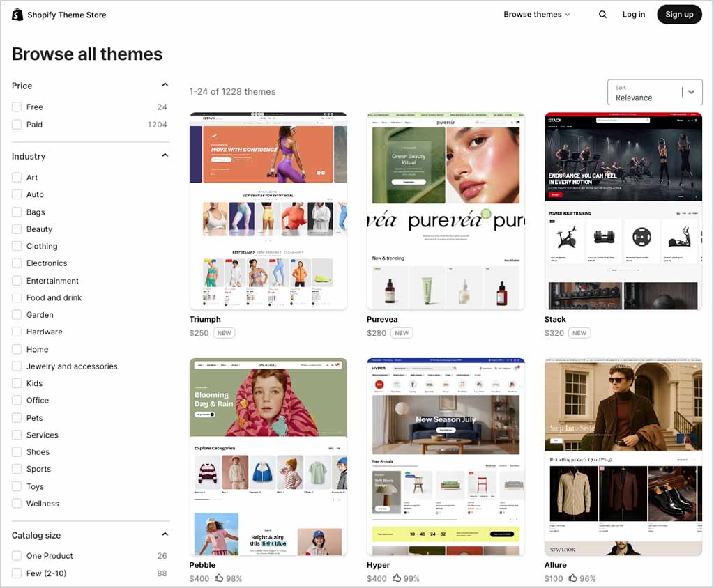 The Shopify theme store — at time of writing it features 1,200+ store templates
