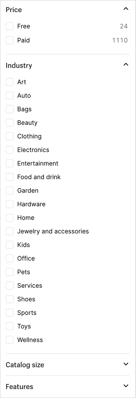 Shopify theme store filters (May 2026)