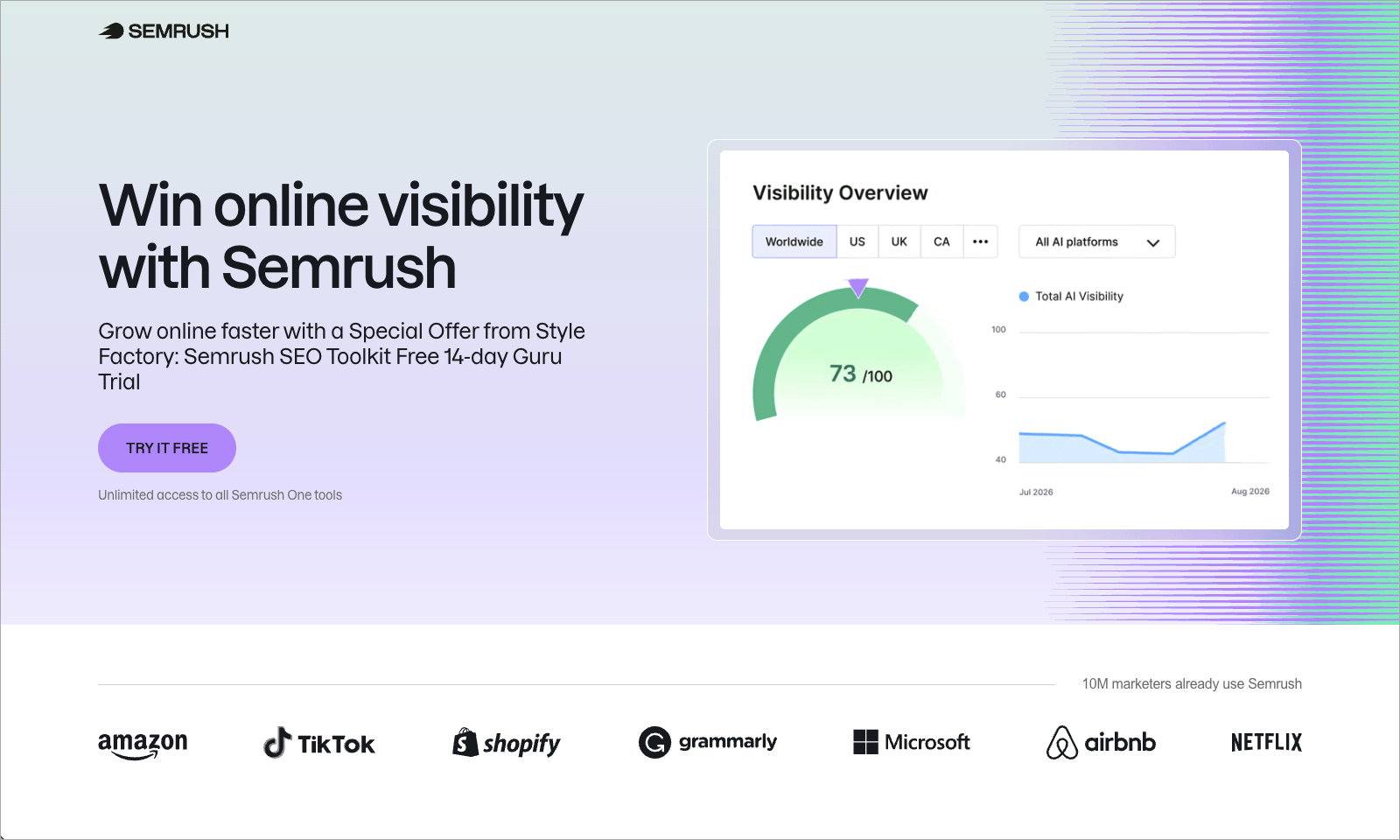 The Semrush Guru trial landing page