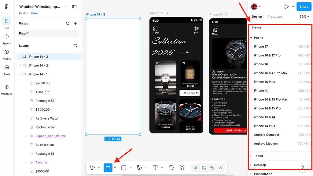 Using the 'frame' tool in Figma to create an art board