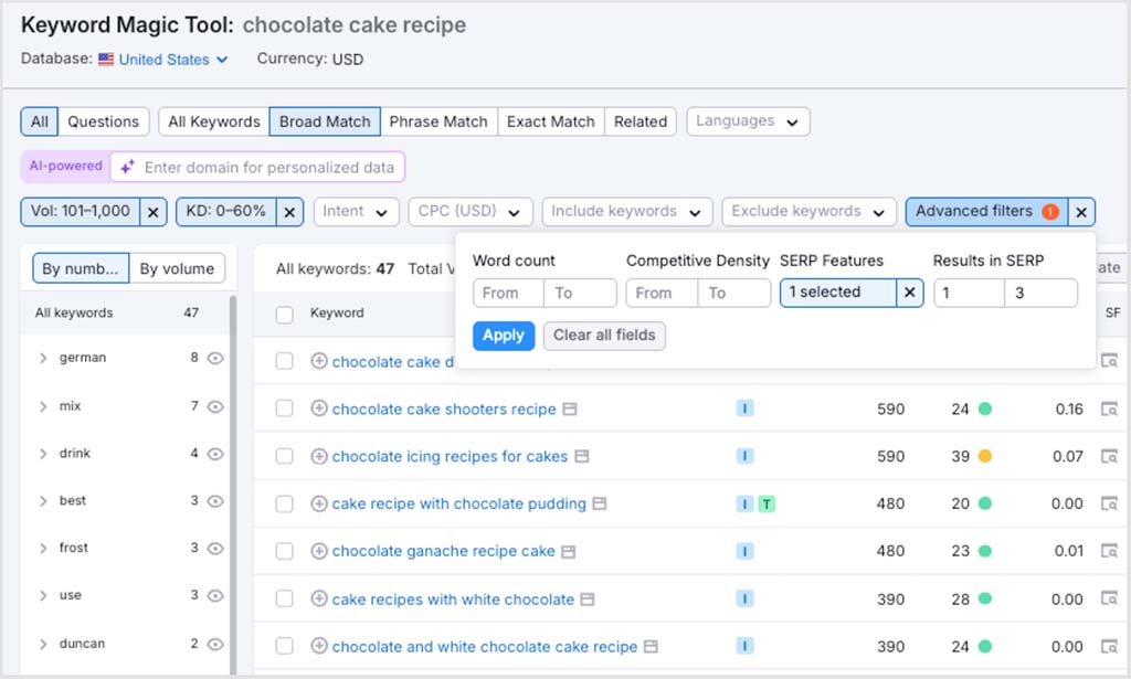 Using keyword suggestion filters in Semrush