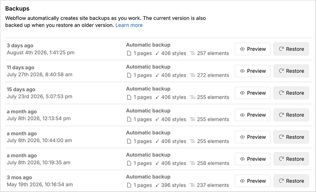 Webflow's automatic backup system