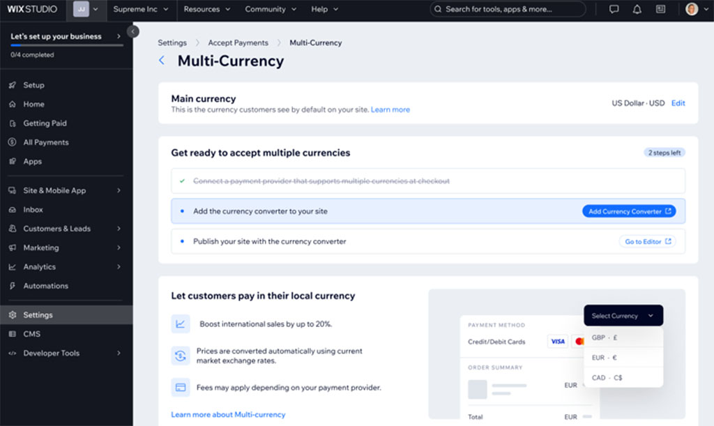 Setting up multi-currency selling in Wix