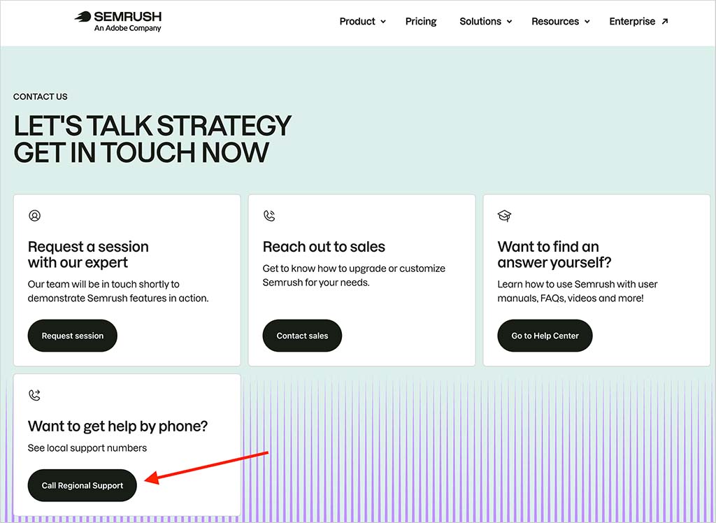 Accessing phone support in Semrush
