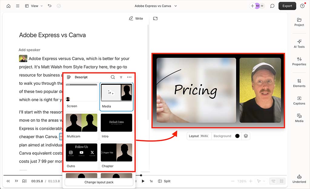 Applying layout templates to sections of a video in Descript