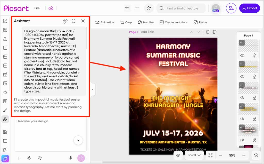Creating a design with help from Picsart's AI assistant