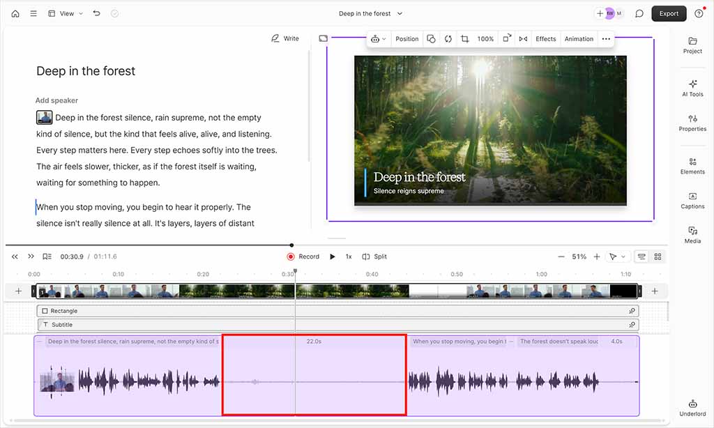 Descript’s transcript editor makes dialogue easy to edit — but visually driven or silent sequences don’t appear clearly in the transcript and must be adjusted using the timeline instead