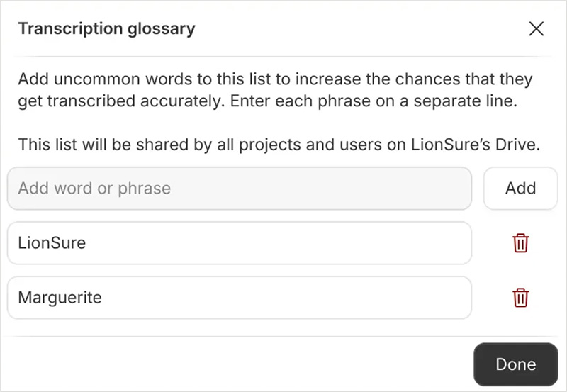 Adding uncommon words to Descript's transcription glossary