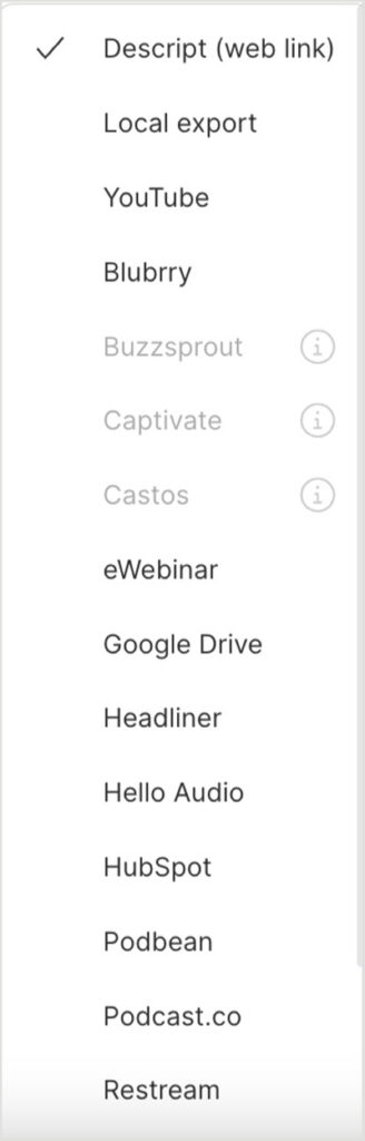 Video export options in Descript