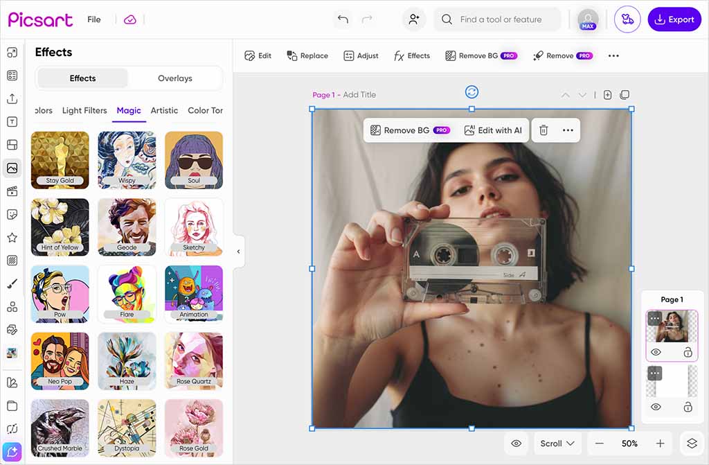 Editing a photo in Picsart.