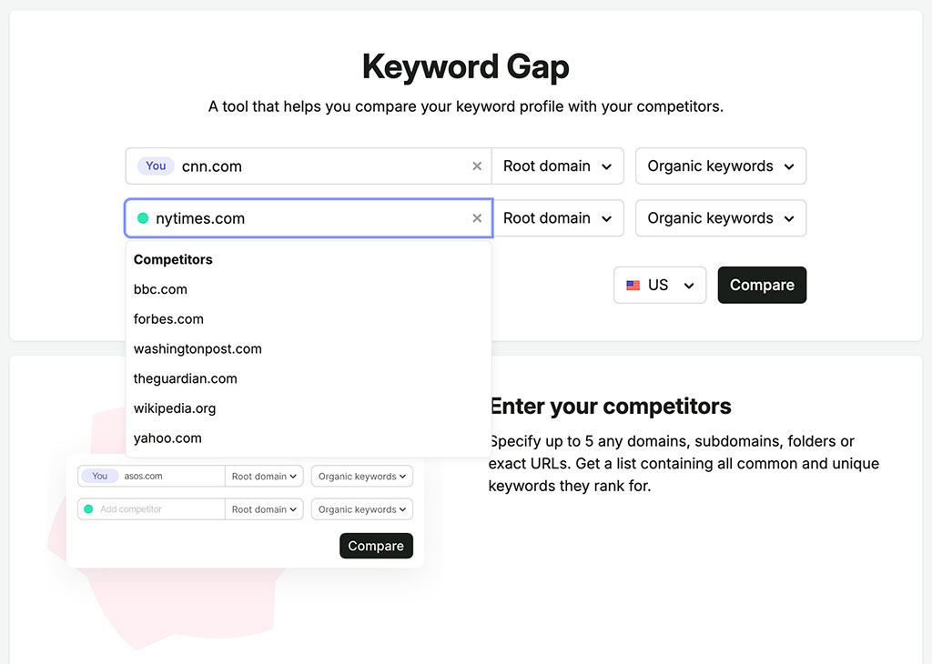 Performing keyword gap analysis in Semrush
