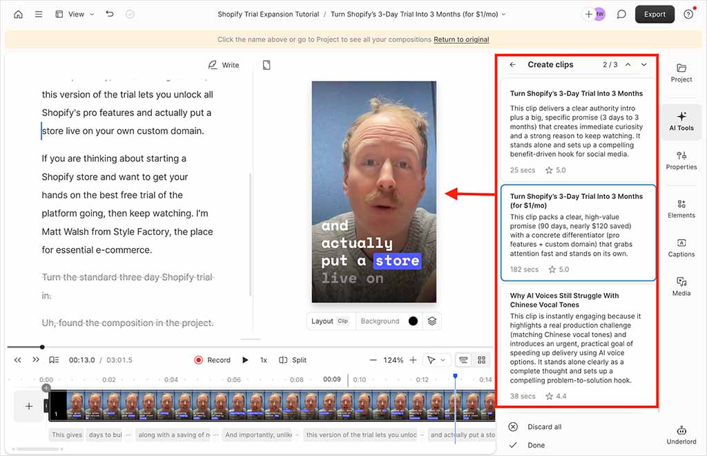 Using Descript's repurposing tools to create multiple shorts from a longer video
