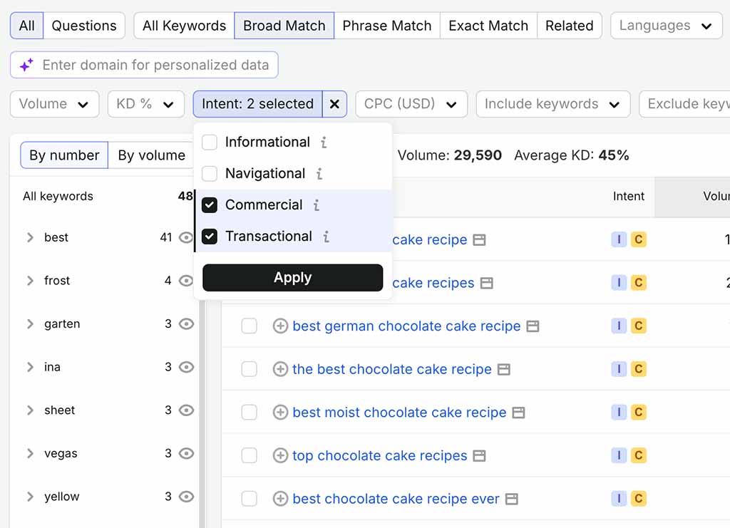 Filtering by search intent