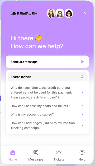 The Semrush live chat option