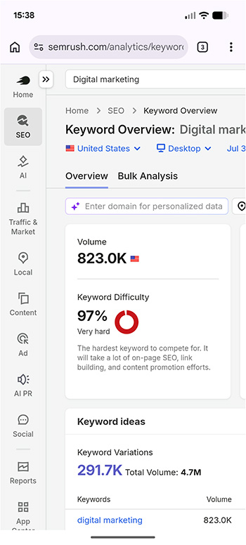 The Semrush mobile interface