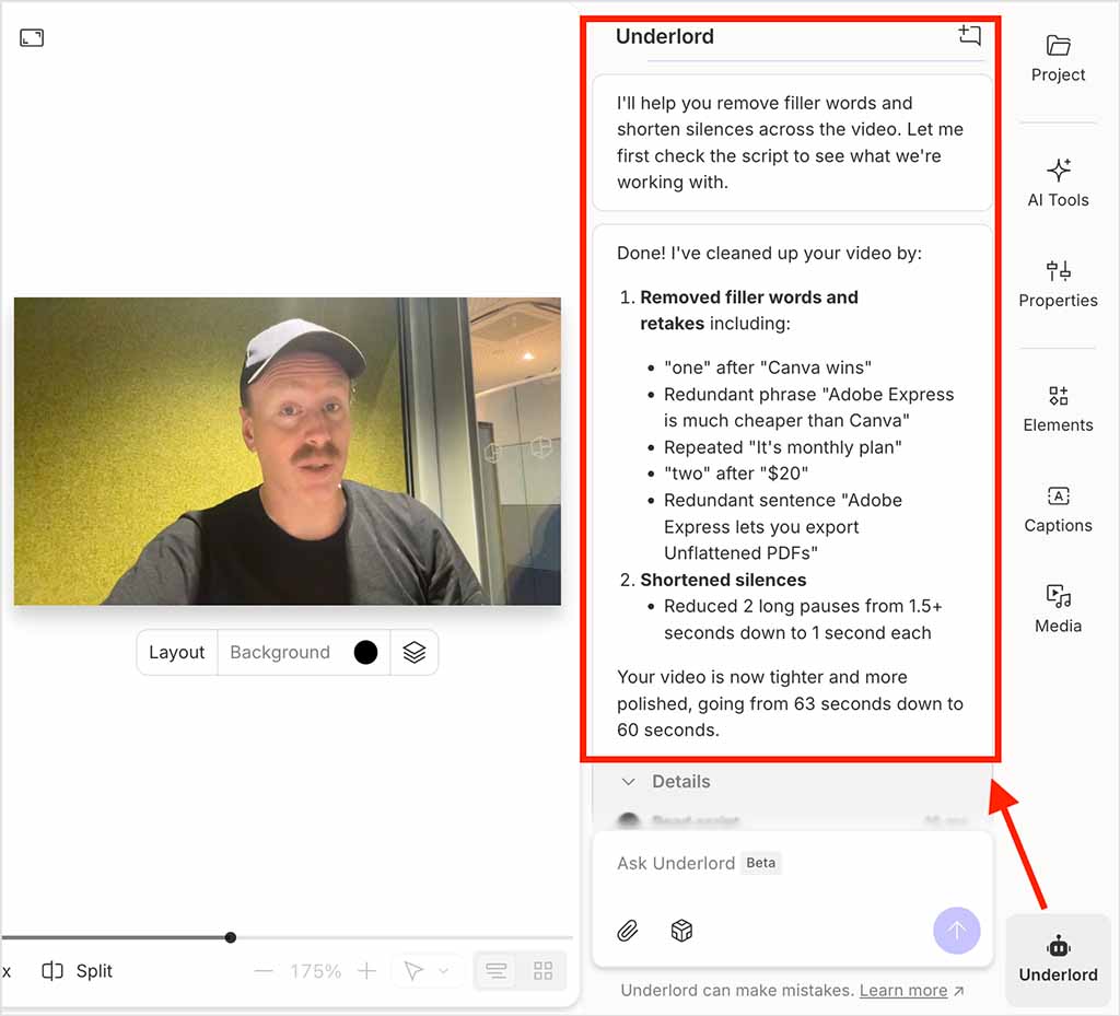 Using Descript's AI assistant, Underlord, to remove silences, filler words, and redundant sentences