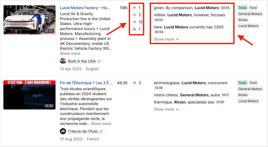 Brand Radar highlights the precise moments brands are mentioned within YouTube video transcripts while also showing how frequently videos are cited by different AI platforms, helping marketers identify which creator content is influencing AI-generated answers.