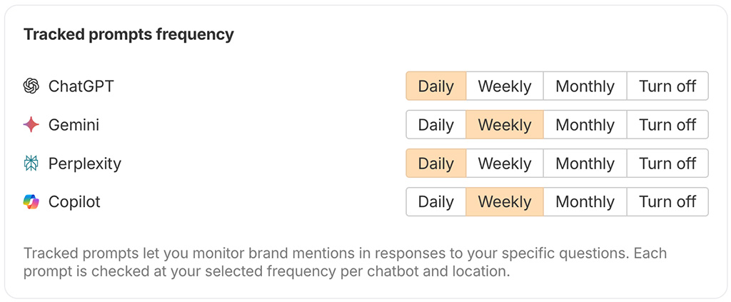 Brand Radar allows users to monitor how brands appear in AI responses for specific prompts, with controls to run checks daily, weekly or monthly across multiple AI platforms.