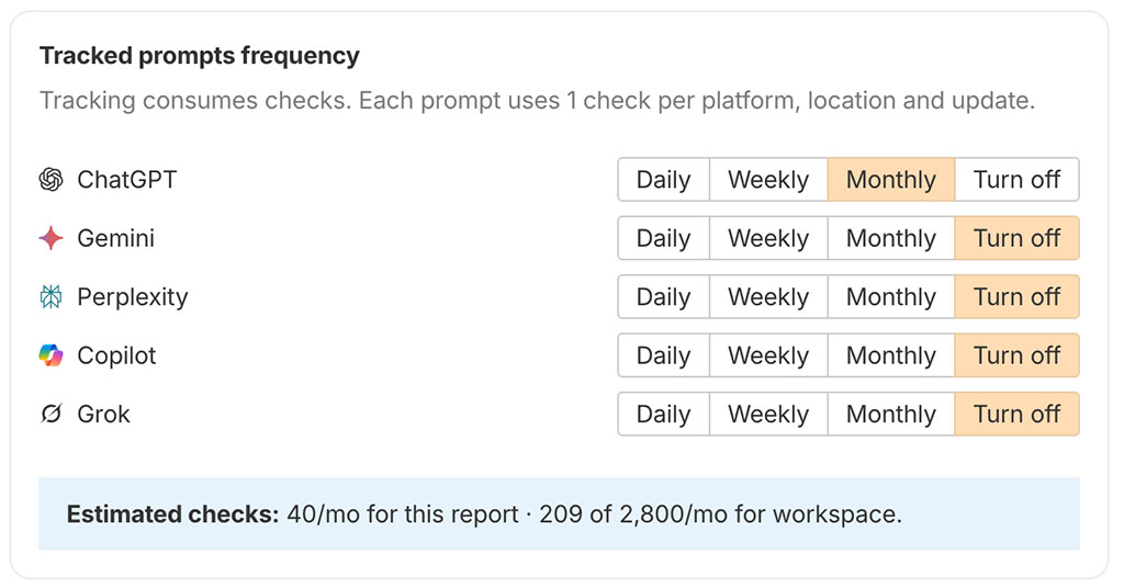 Brand Radar allows users to monitor how brands appear in AI responses for specific prompts, with controls to run checks daily, weekly or monthly across multiple AI platforms.