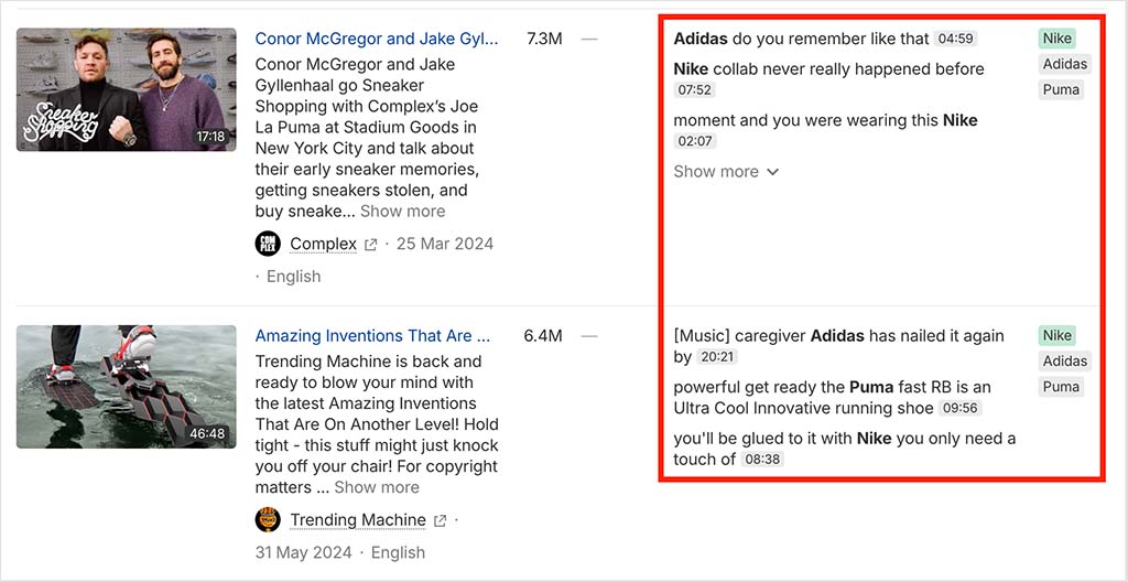 Brand Radar highlights the precise moments brands are mentioned within YouTube video transcripts, helping marketers quickly identify and review creator content referencing their products.