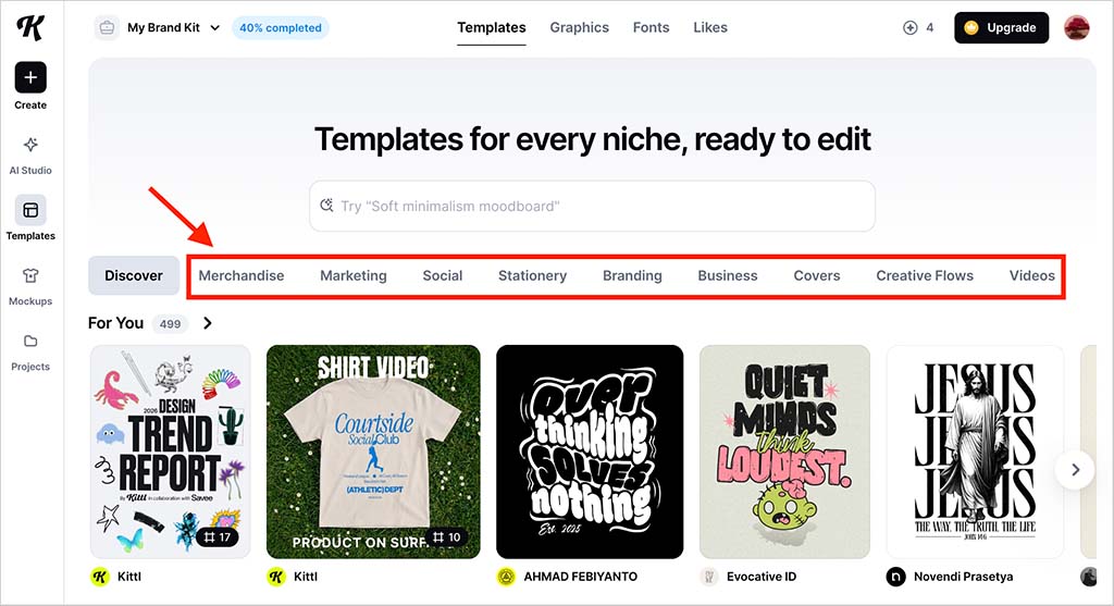 Kittl's main template categories