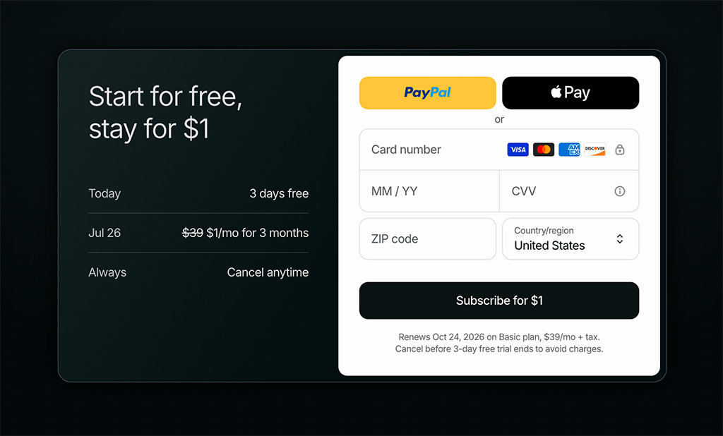 Activating your $1 for 3 months Shopify trial by entering card details