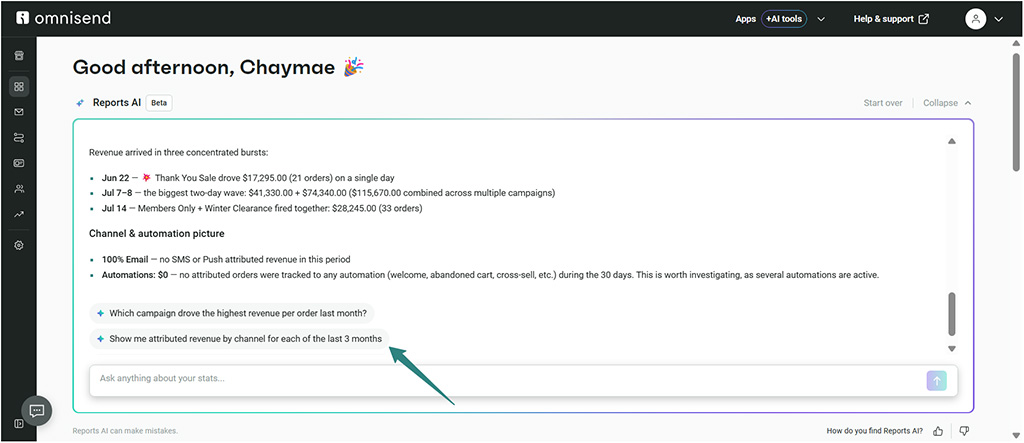 Using Omnisend's Reports AI tool to analyze ecommerce marketing performance