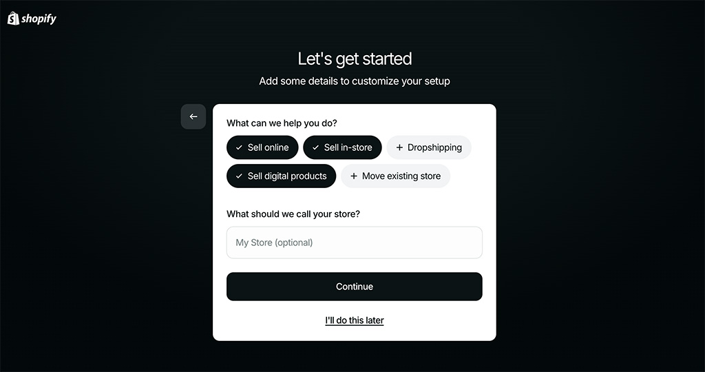 The onboarding questions asked by Shopify during the sign-up process