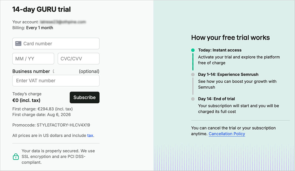 Entering your card details while signing up for a Semrush Guru free trial
