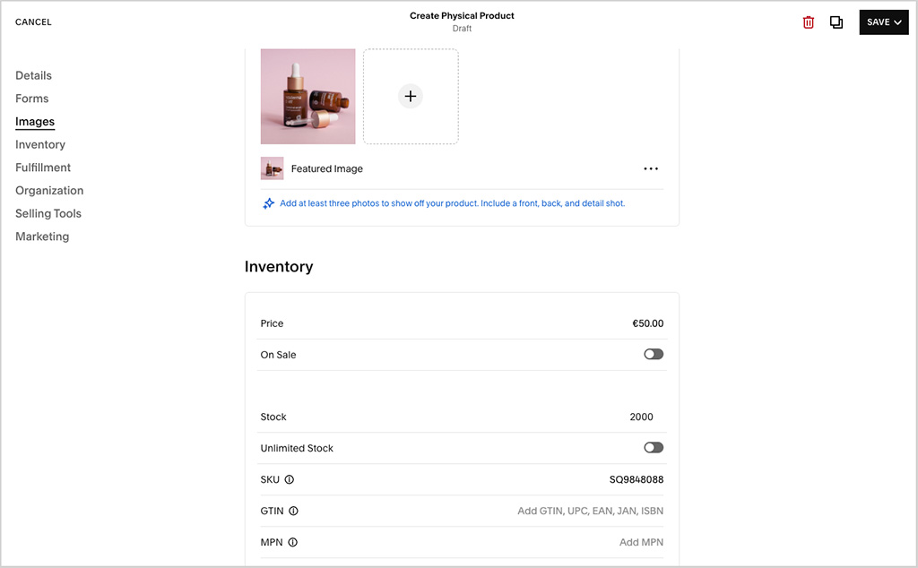 Adding products to a Squarespace store.