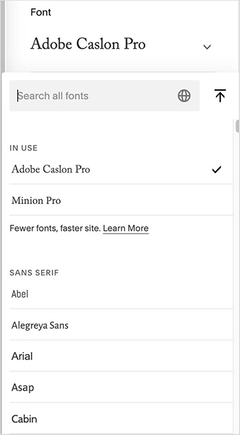 Browsing fonts in Squarespace