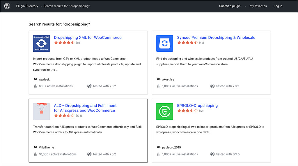 Dropshipping plugins in the WordPress plugin directory