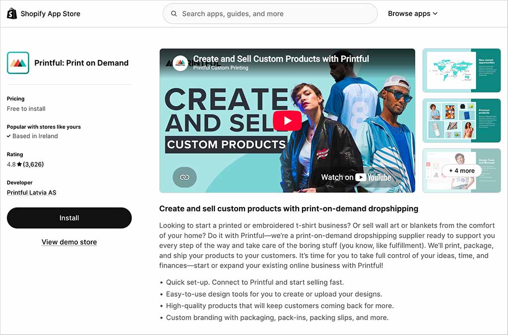 The official Printful app in the Shopify app store