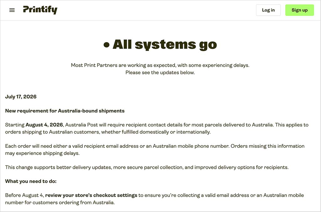 Printify print provider status page.