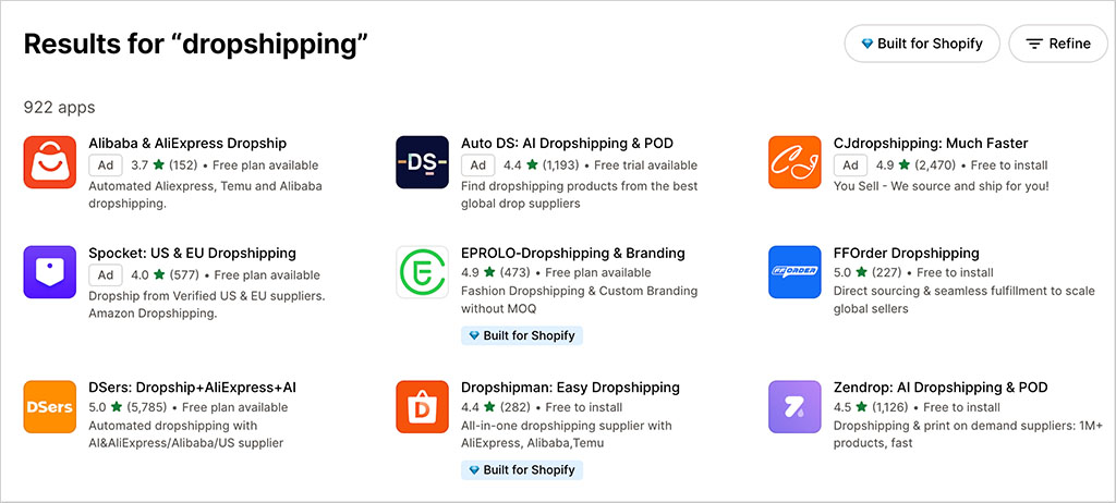 Dropshipping apps in the Shopify app store — I counted 922 such apps when researching this piece (July 2026)