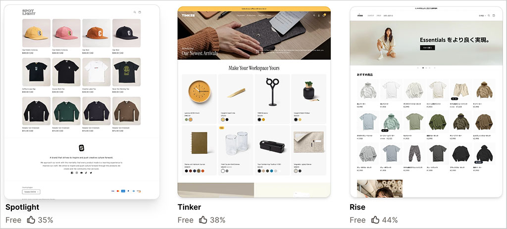 Examples of free Shopify themes — ‘Spotlight,' 'Tinker' and 'Rise.'