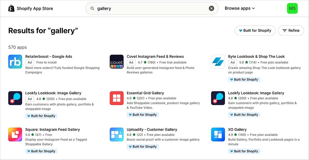 Gallery apps in the Shopify app store