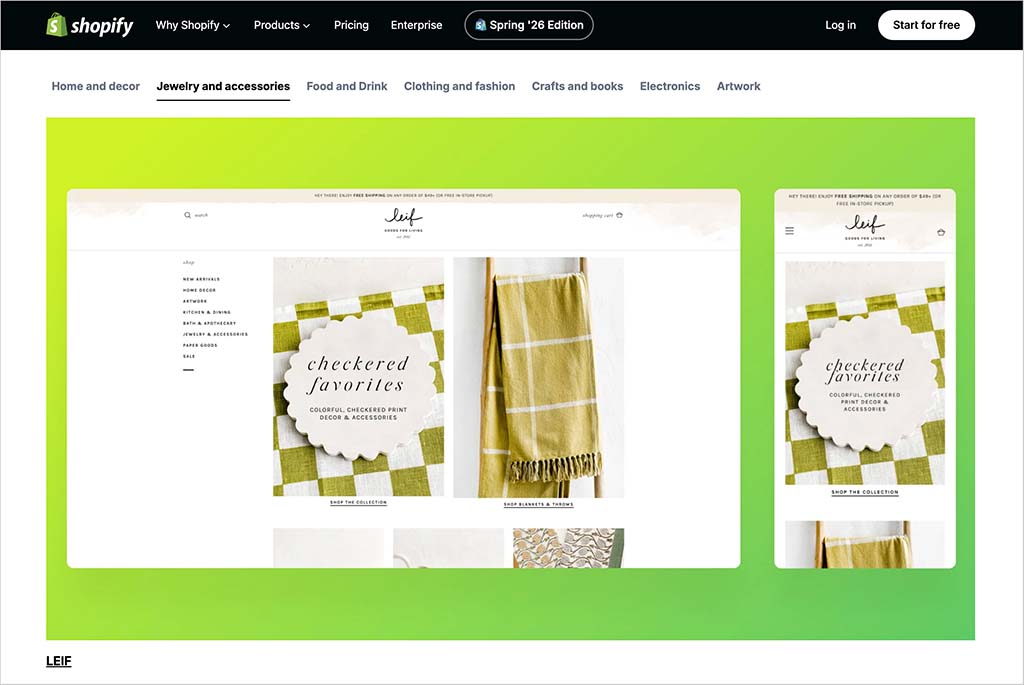The 'store examples' section of the Shopify website
