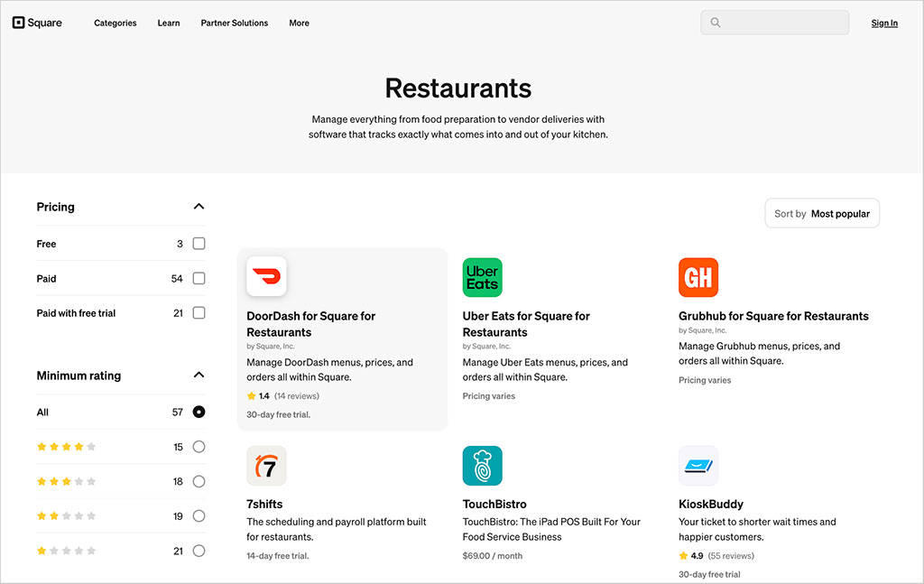 Some of the restaurant apps available in Square's app marketplace
