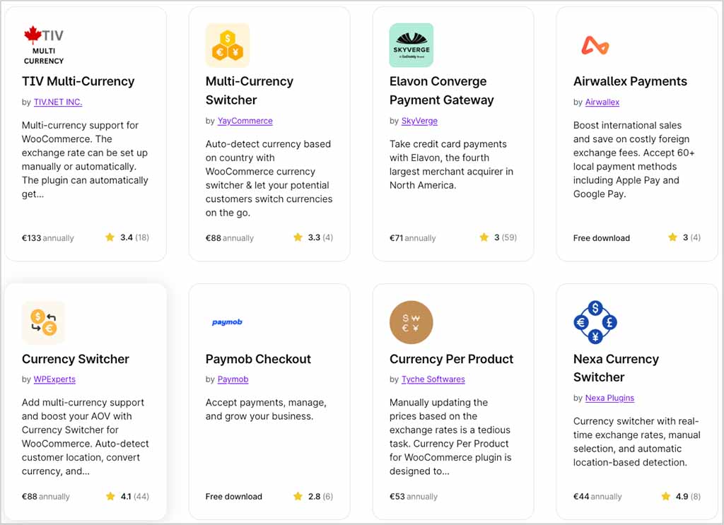A selection of multi-currency plugins that are currently available for WooCommerce