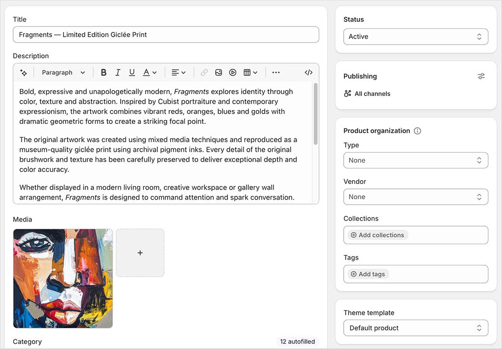 Adding product details to a physical art product in Shopify