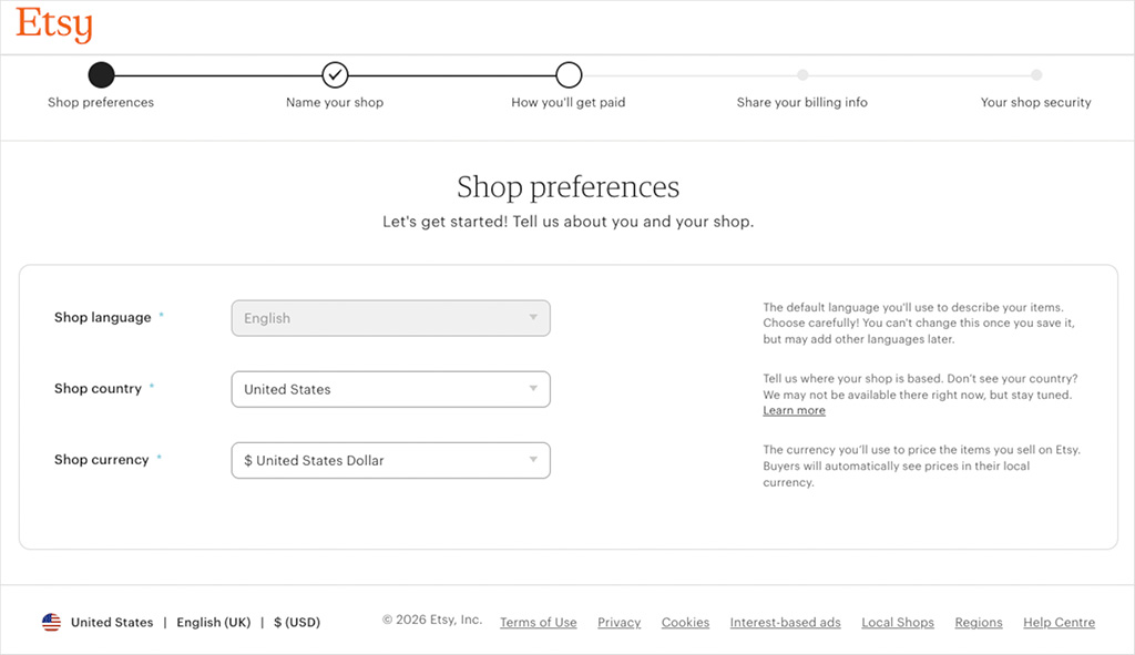Setting up shop preferences in Etsy