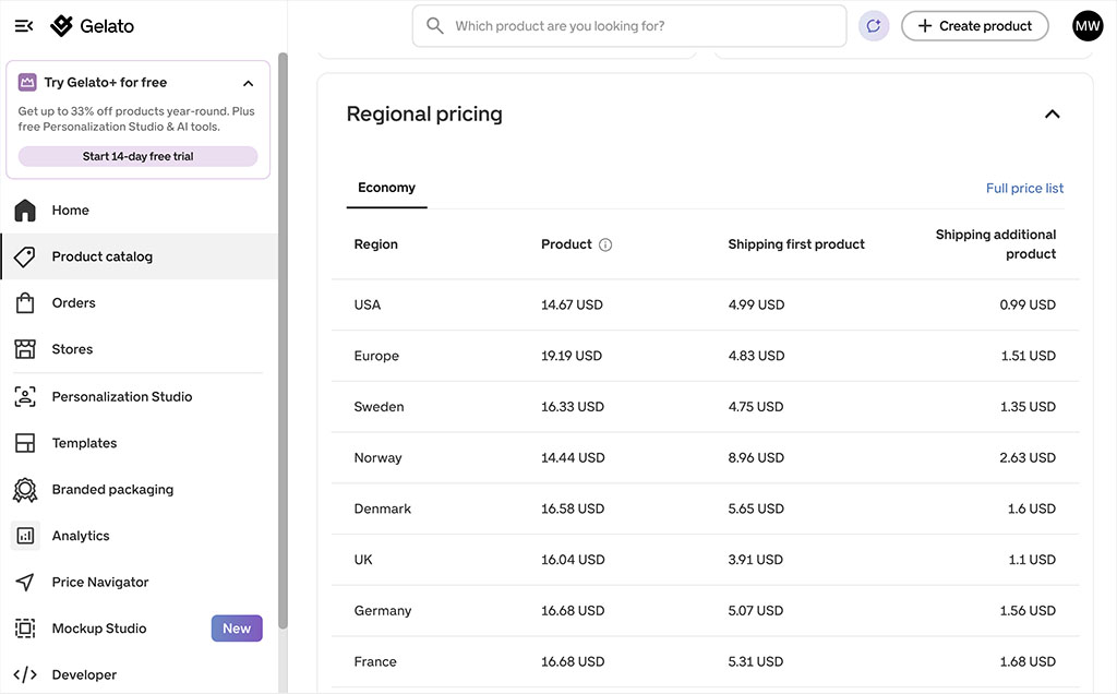 Gelato regional pricing table showing product costs, shipping fees and additional-item shipping rates for different countries and regions